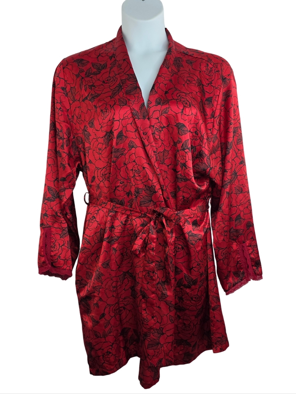 Delicates XL Red Floral Satin Robe with Belt CP-3609